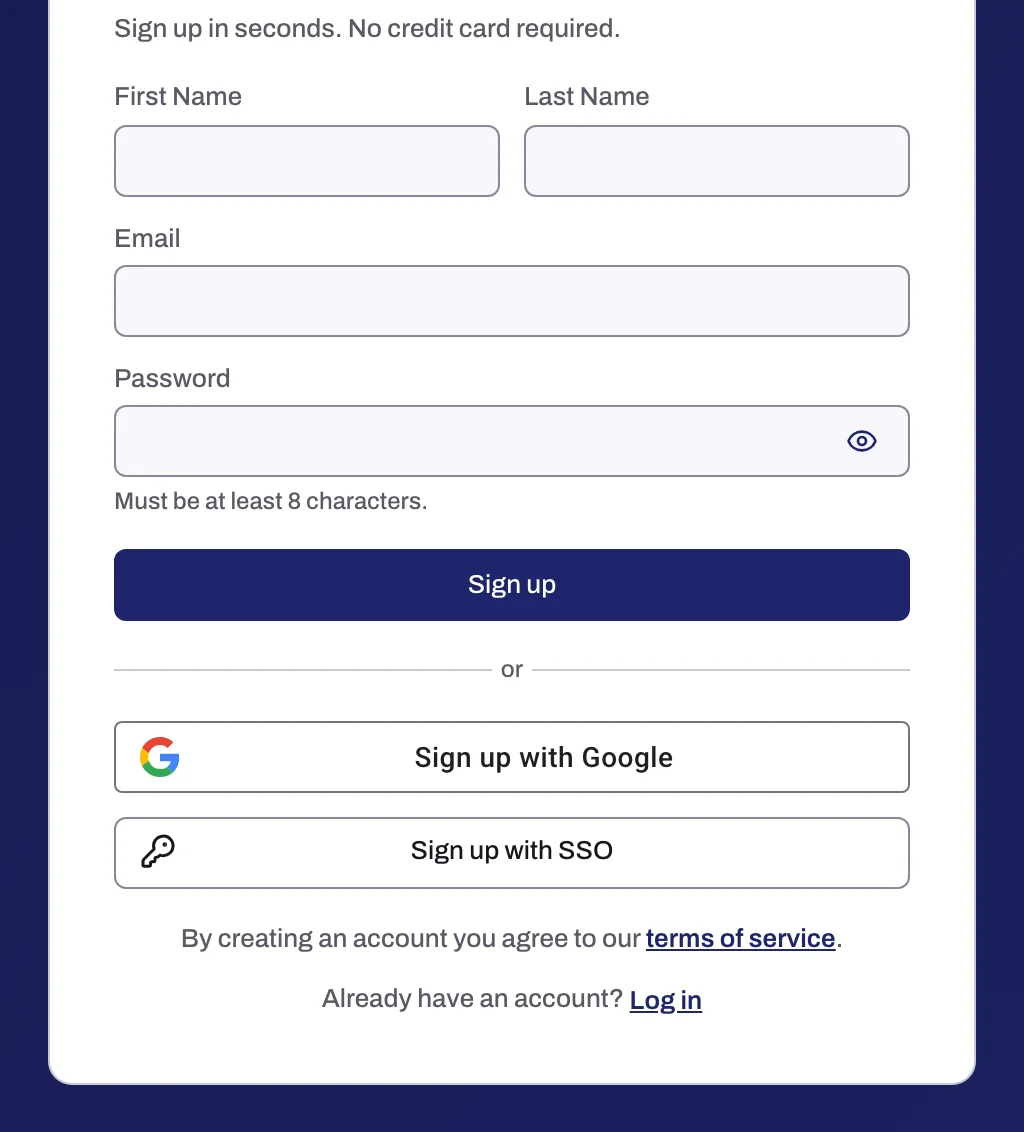 The sign-up card with its four fields and the three sign-up buttons