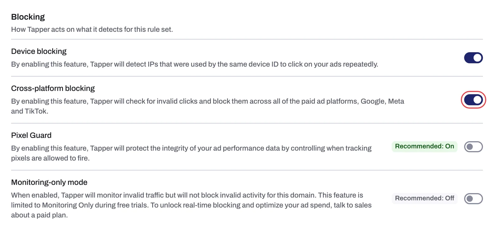 The Blocking section with Cross-platform blocking switched on