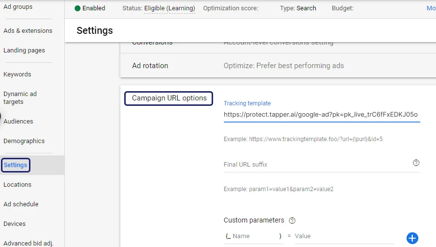Campaign URL options expanded with the entity's https://protect.tapper.ai/google-ads/click?pk=... template in Tracking template and the Save button visible;