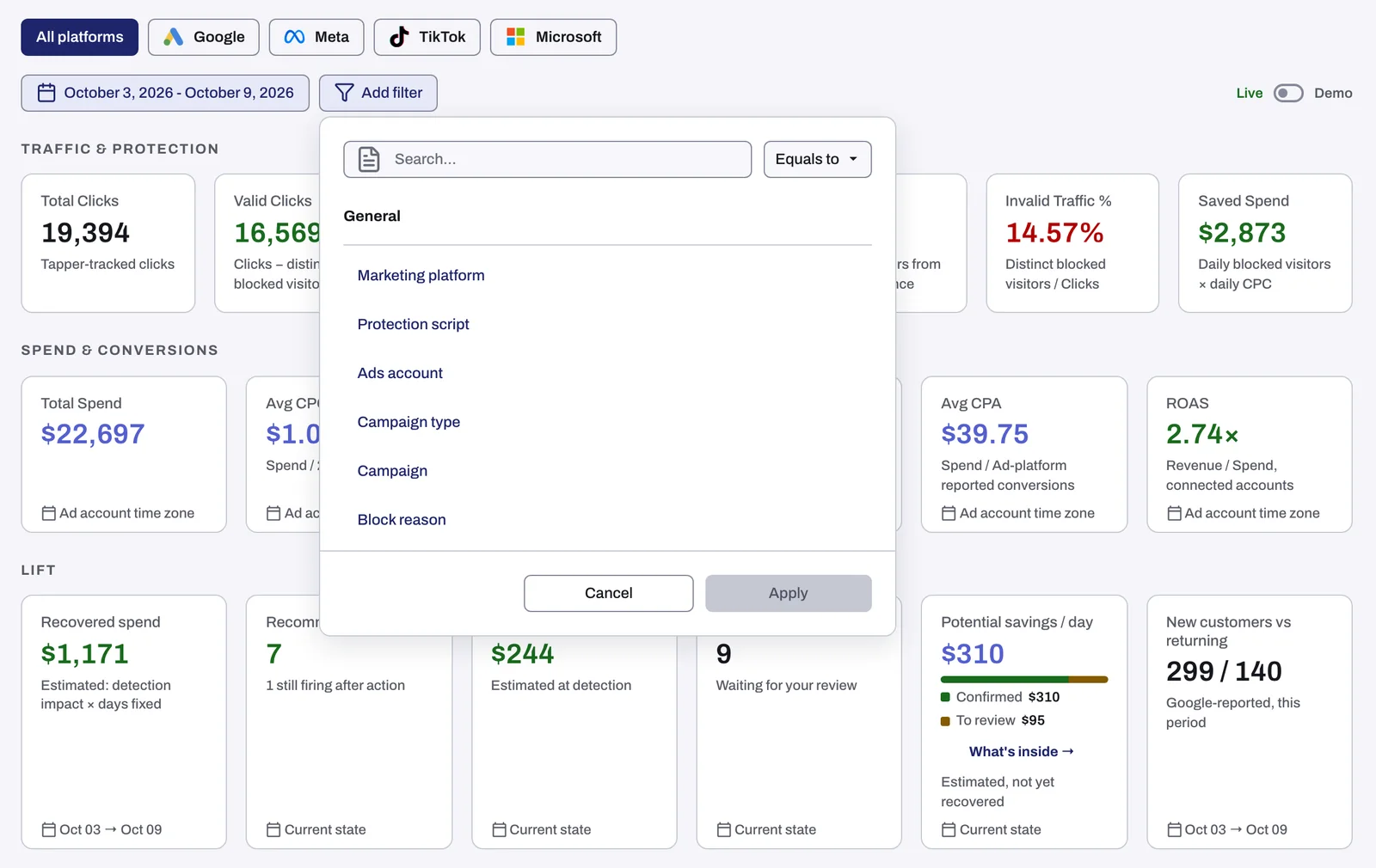 The dashboard filter bar with the platform toggle, the date button and the Add filter popover open