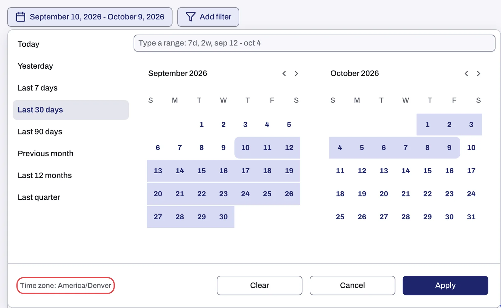 The date range picker open with its presets, the Type a range field and the Time zone footer