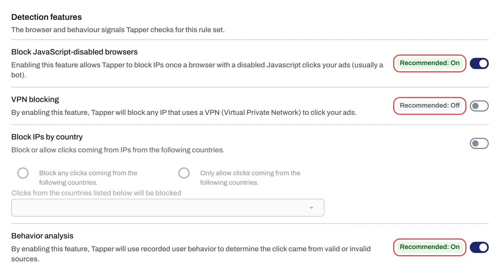 The Detection features section: four switches, three of them with a recommendation chip