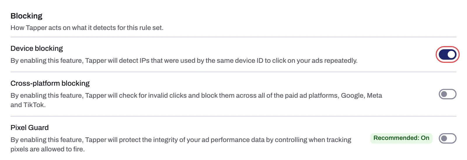 The Blocking section of the Web detection rules tab with Device blocking switched on