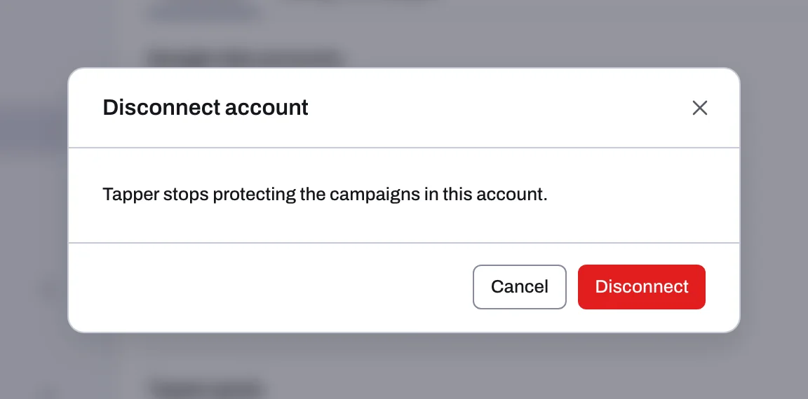The Disconnect account dialog on the Google protection tab