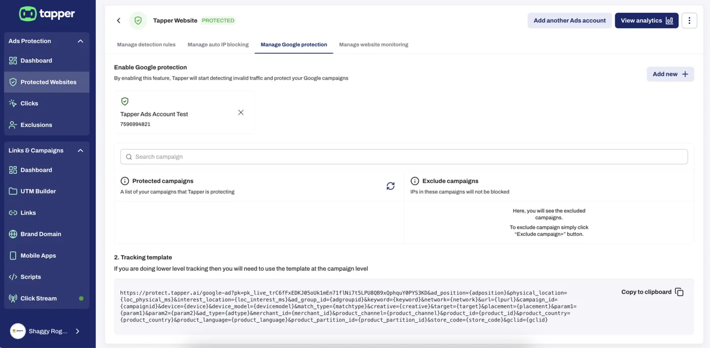 The Tracking section with Tapper's account-level https://protect.tapper.ai/google-ads/click?pk=... template (the one with ad_group_id={adgroupid}) in Tracking template and the Save button visible.