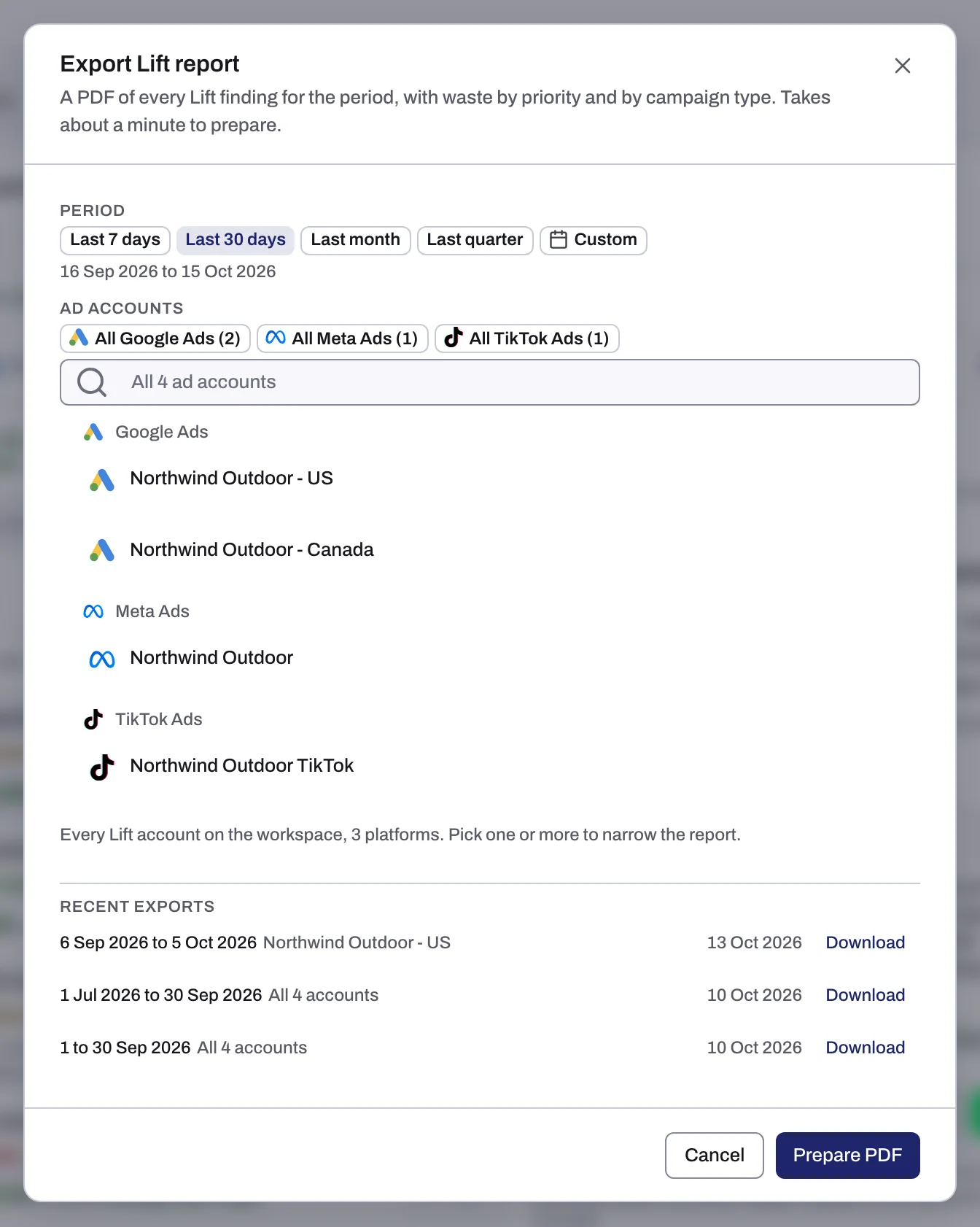 The Export Lift report dialog: the period, the Google Ads accounts and Recent exports