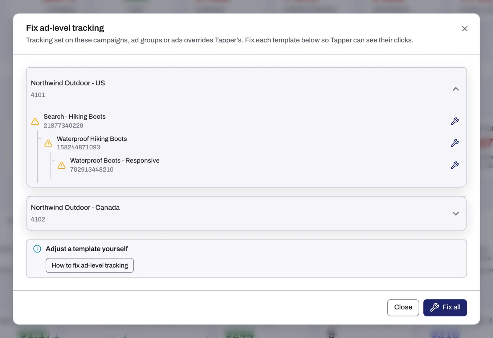 The Fix ad-level tracking dialog with an account expanded, the Adjust a template yourself notice and Fix all