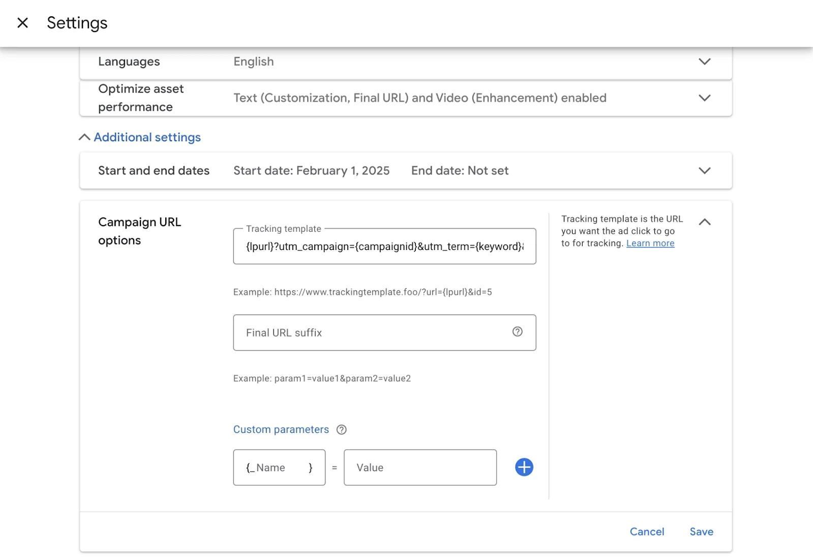 Campaign URL options in Google Ads with a leftover tracking template