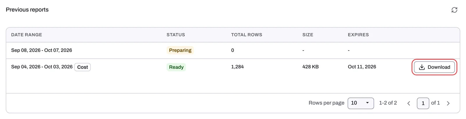 Previous reports with a Ready report and its Download button