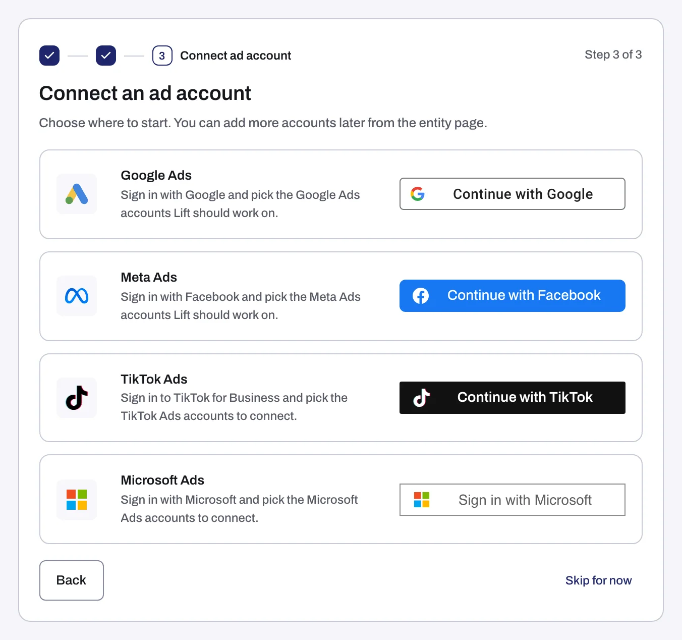 The Connect an ad account step of a Lift only workspace