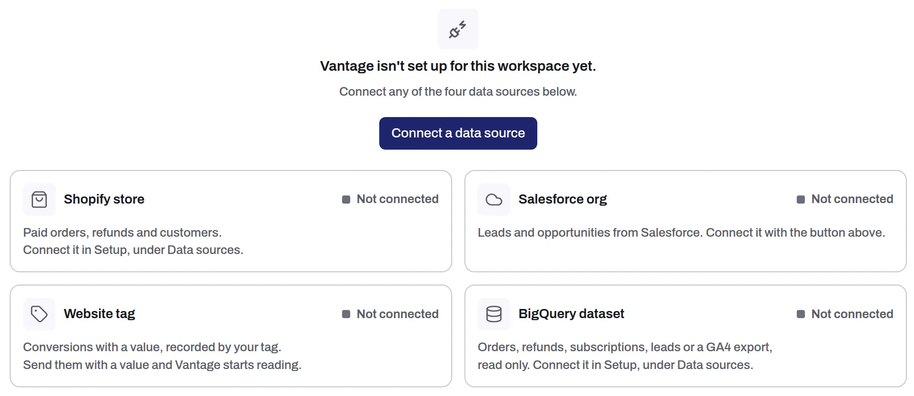 Vantage's Results page before a data source is connected, with the four sources it can read