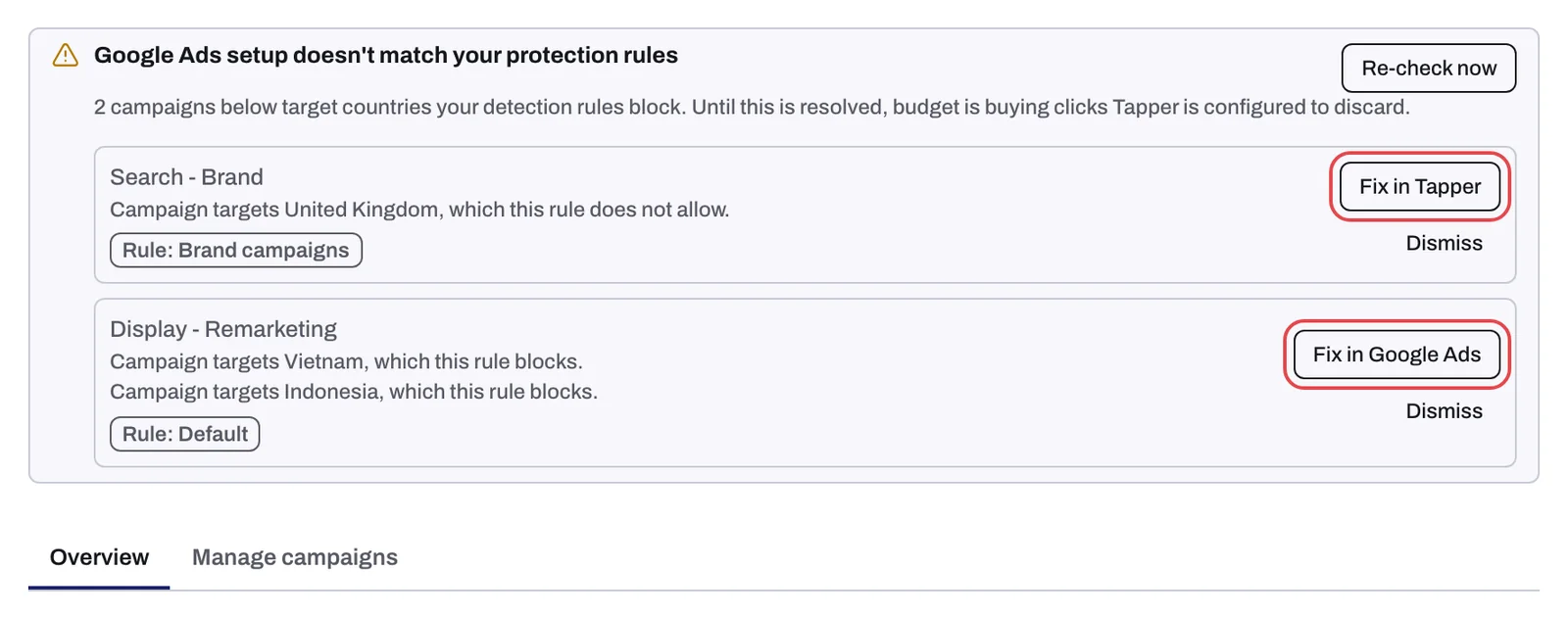 The panel on the Google protection tab with one campaign row and its buttons