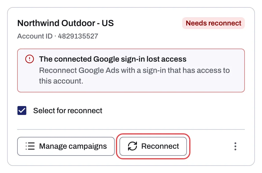 A Google Ads account card with The connected Google sign-in lost access and the Reconnect button