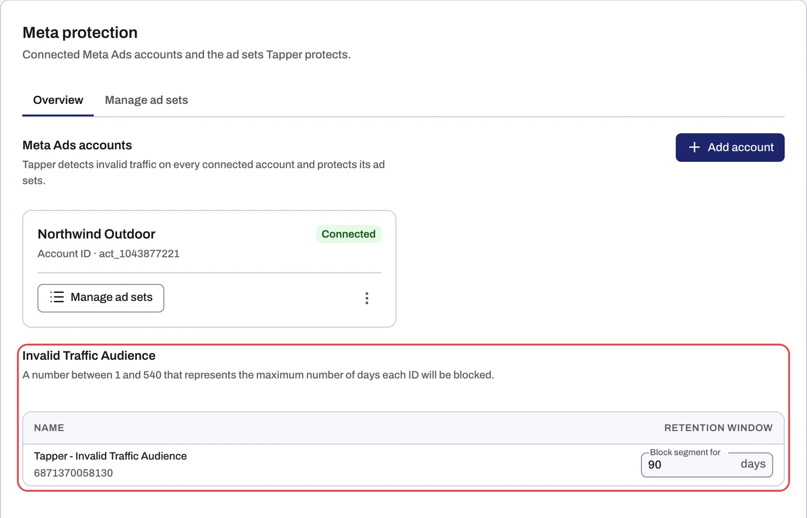 The Overview sub-tab of the Meta protection tab with a connected account card and the Invalid Traffic Audience card