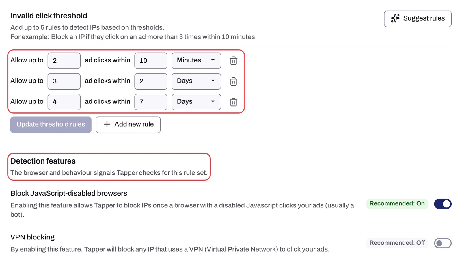 The Web detection rules tab with the Invalid click threshold rows and the Detection features section
