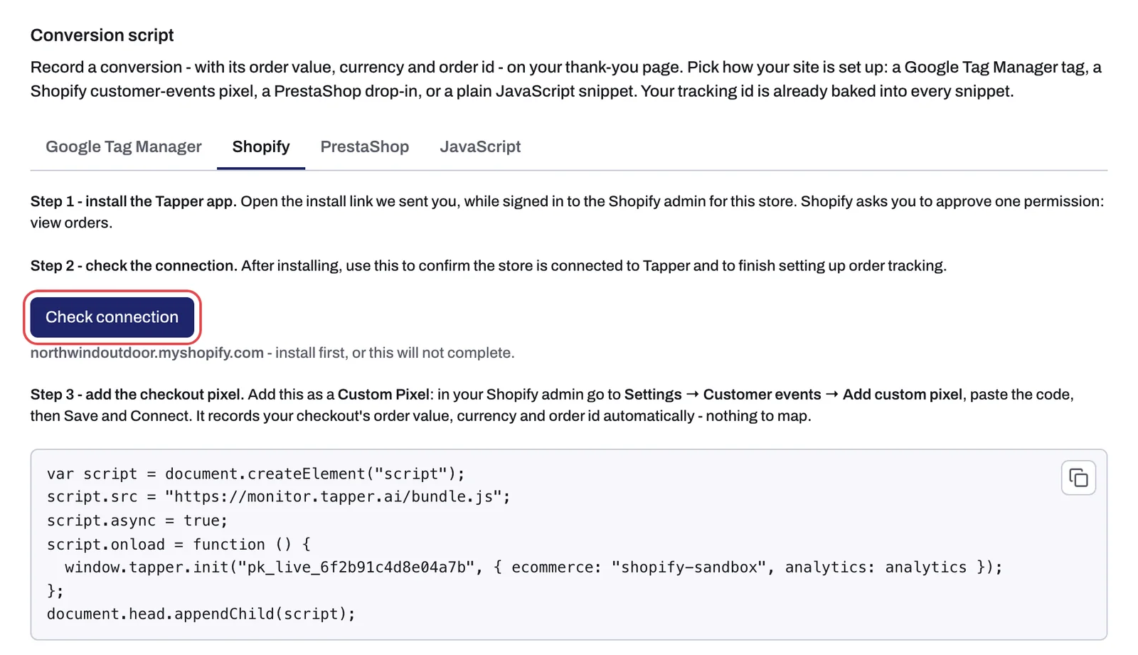The Shopify tab under Conversion script, with its three steps