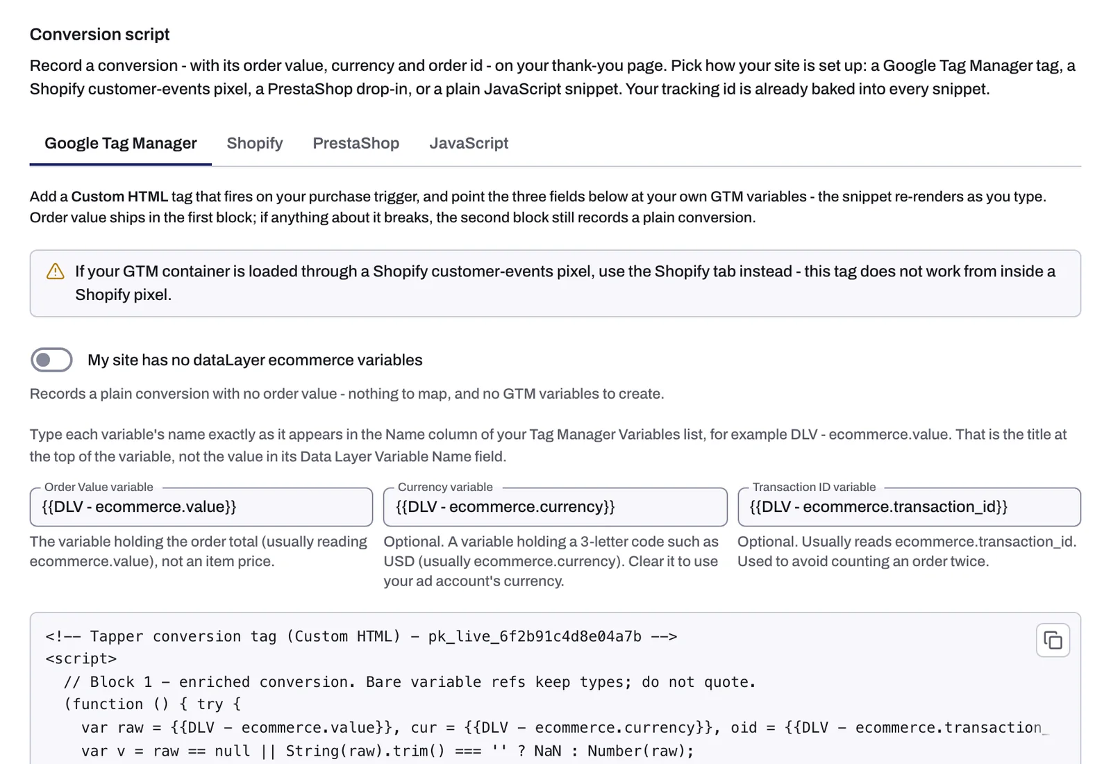 The Conversion script section with its four tabs