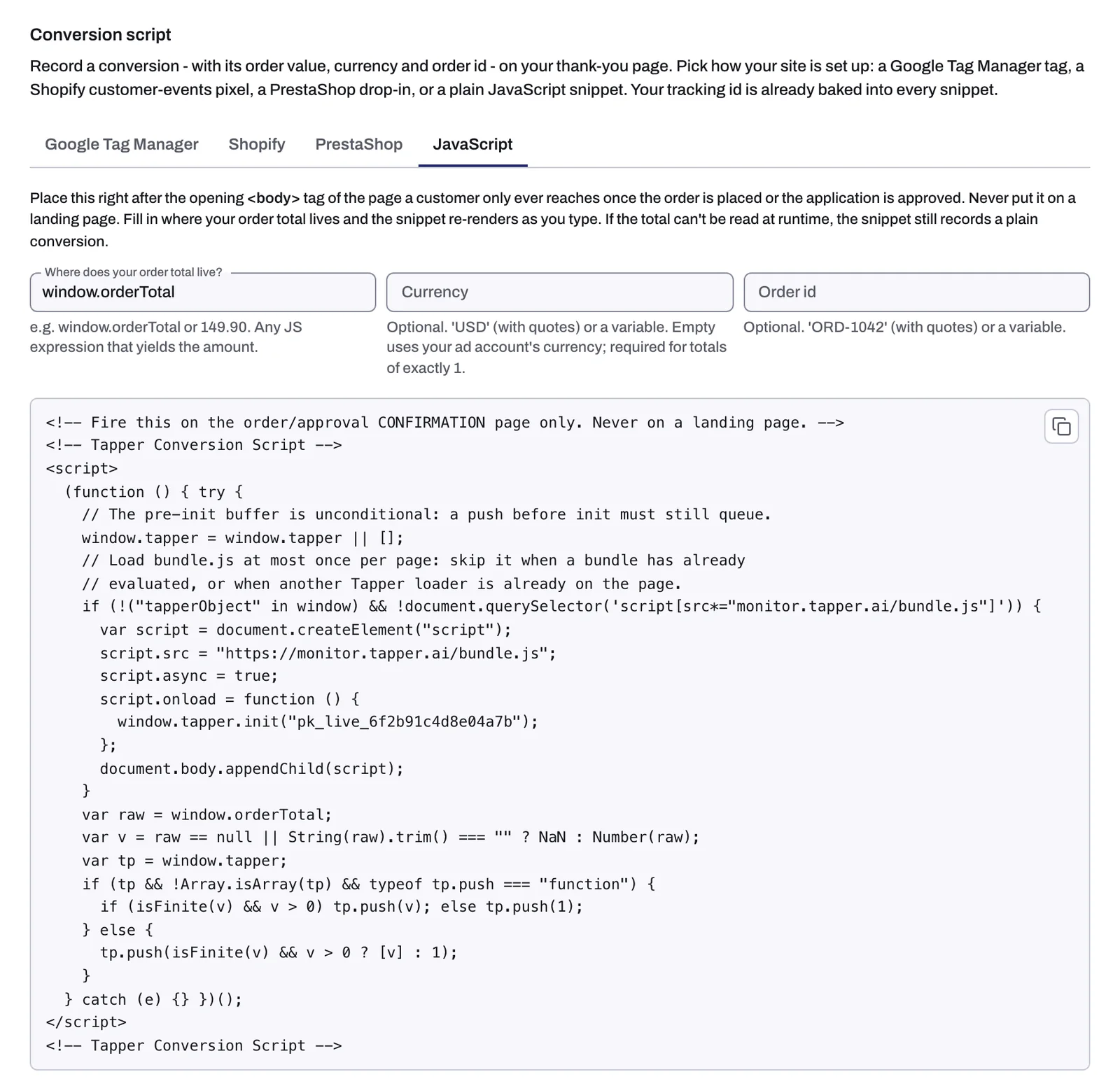 The JavaScript tab with its three fields and the snippet