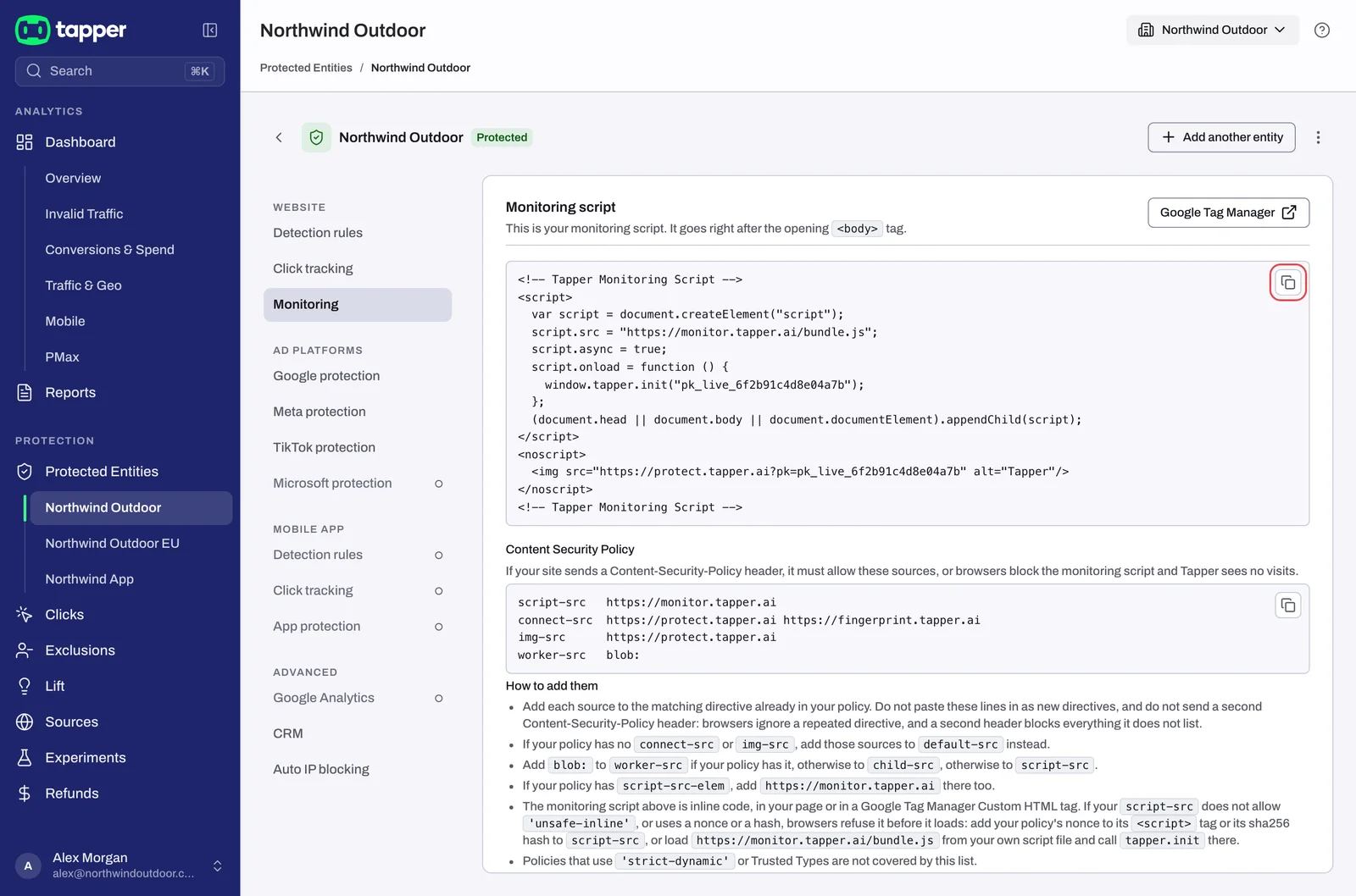 The Monitoring script section with Copy monitoring script outlined
