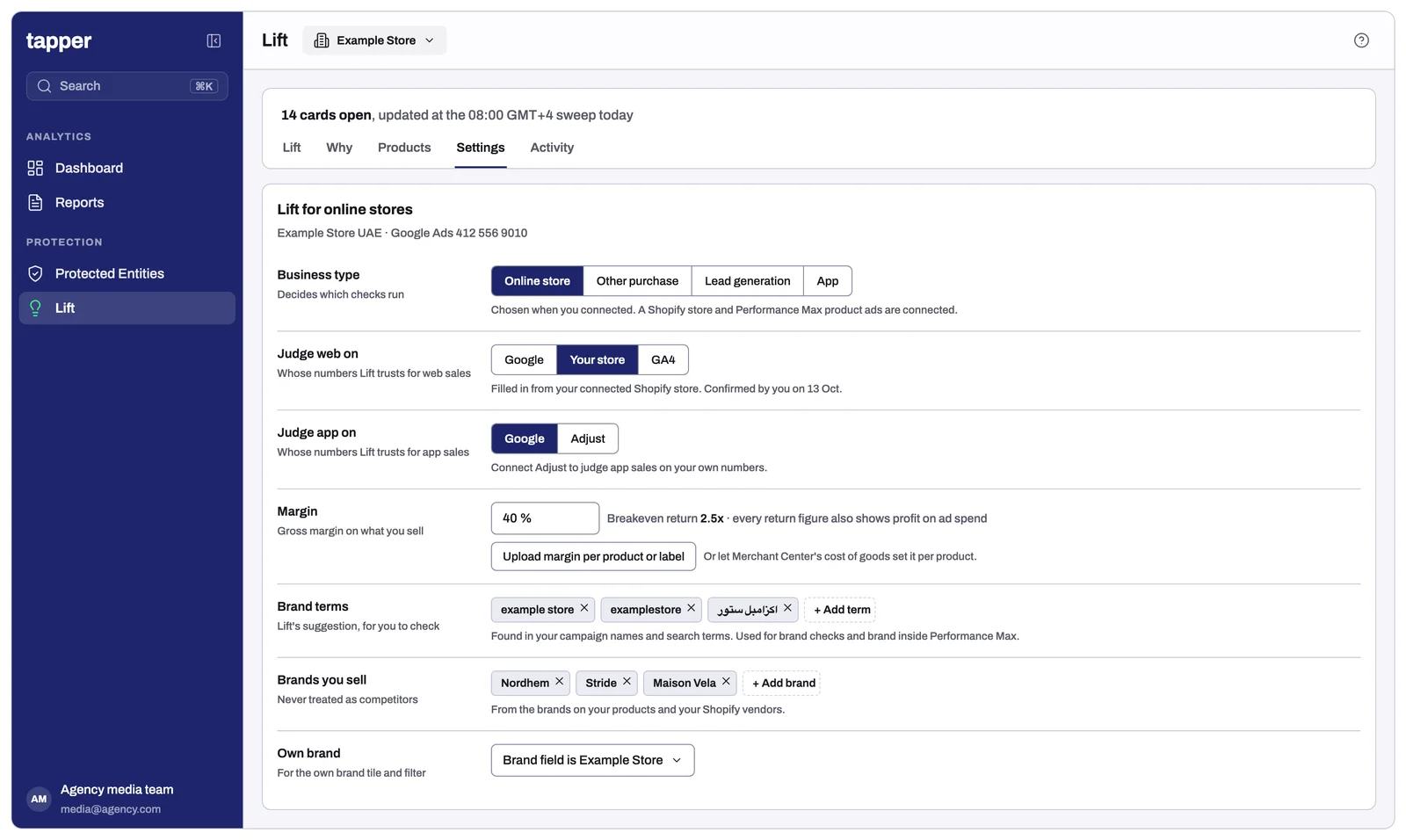 Lift for online stores settings: business type, Judge web on and Judge app on, margin, brand terms, brands you sell and own brand
