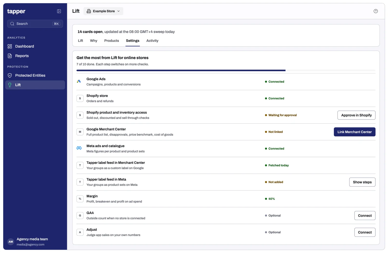 The connections checklist on the Settings tab, with each connection's status
