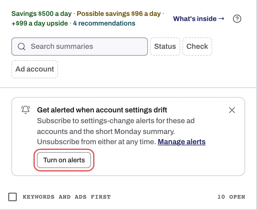 The Get alerted when account settings drift banner on the Lift tab, with its Turn on alerts button