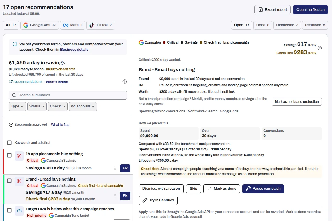 An open Google Ads card in Recommendations, with Try in Sandbox under Dismiss, with a reason, Skip, Mark as done and the fix button