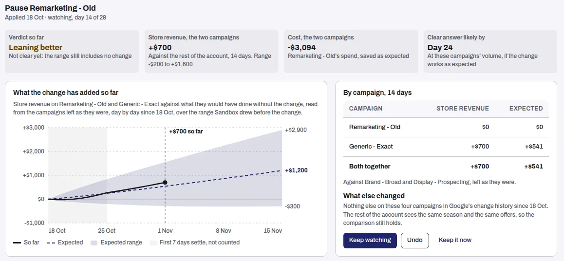 The watch page on day 14 of 28: the four tiles, What the change has added so far, By campaign, What else changed and Keep watching, Undo and Keep it now