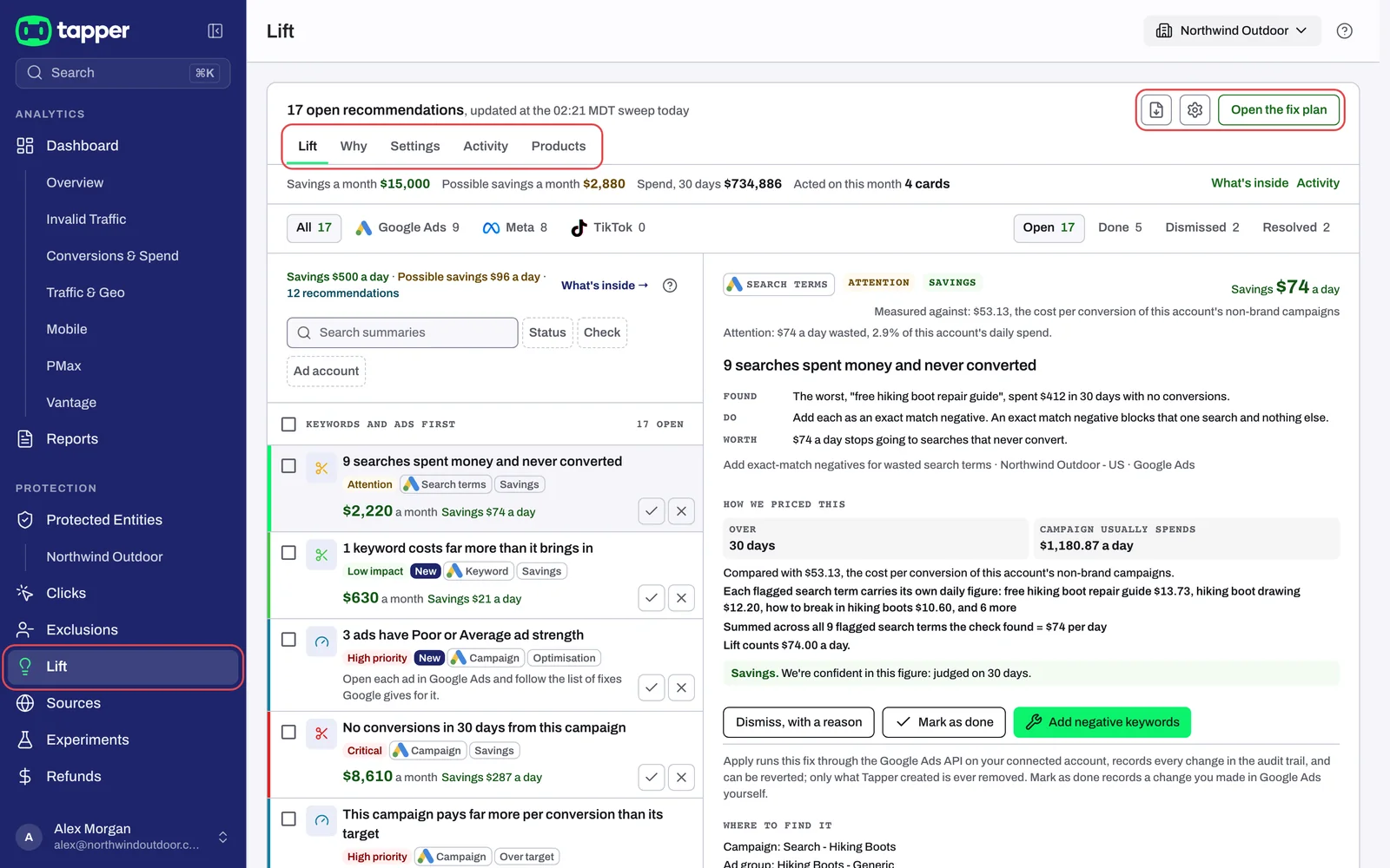 The top of the Lift page: the Lift row in the sidebar, the top bar, the tabs, the summary line and the split view