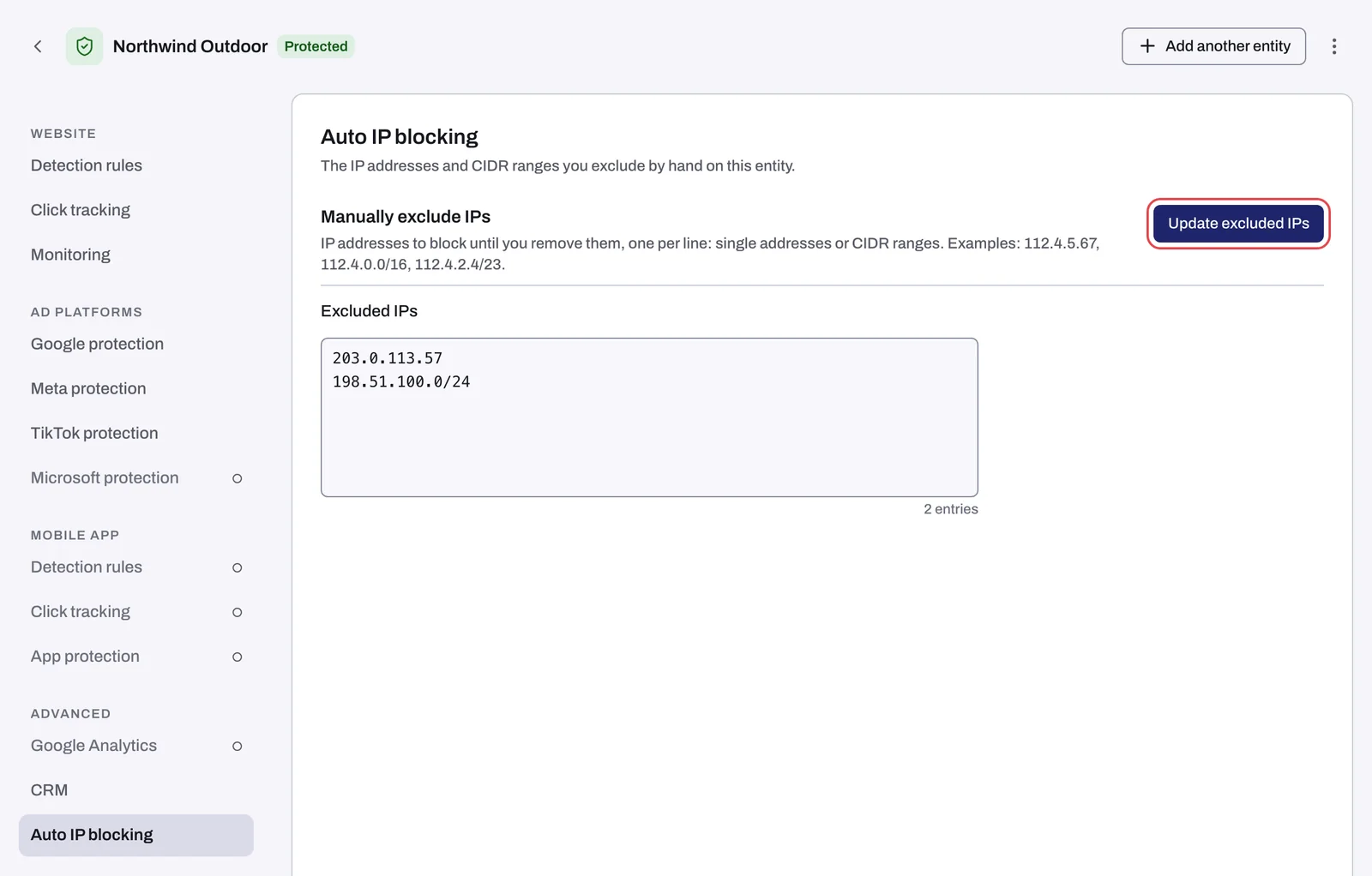 The Auto IP blocking tab with two entries in Excluded IPs and the Update excluded IPs button