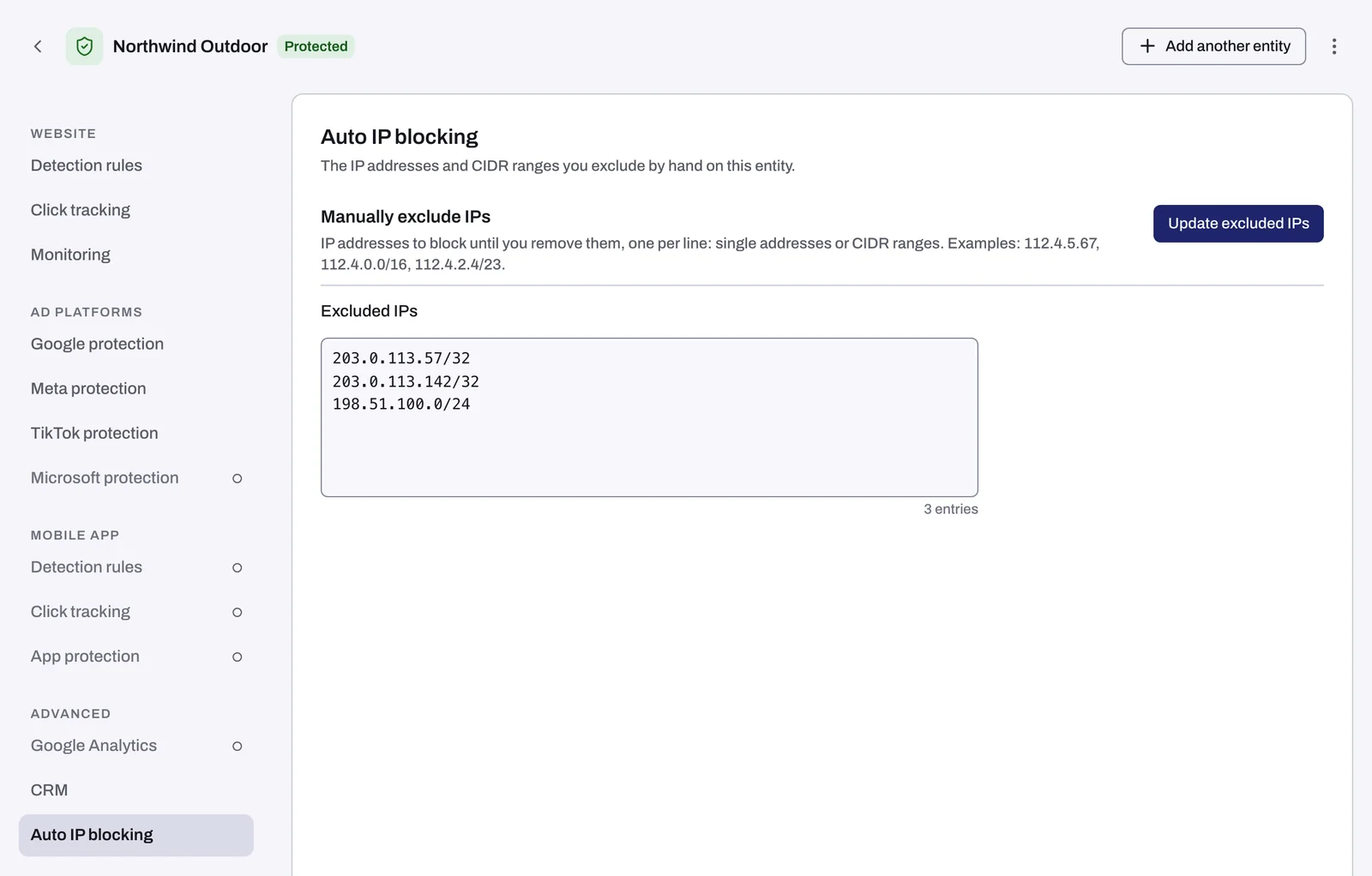 The Auto IP blocking tab with three saved entries in Excluded IPs, single addresses shown with /32