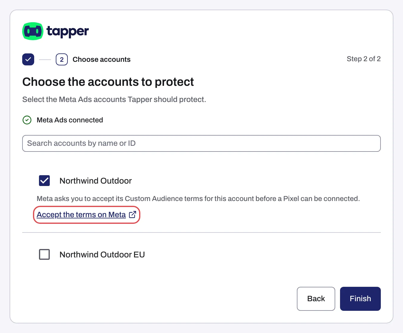 The Meta account list with one account ticked, the Custom Audience terms note and Accept the terms on Meta