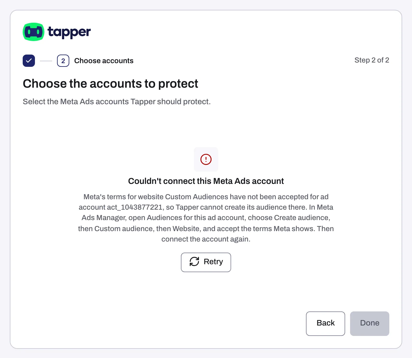 The Couldn't connect this Meta Ads account state with the terms reason and Retry