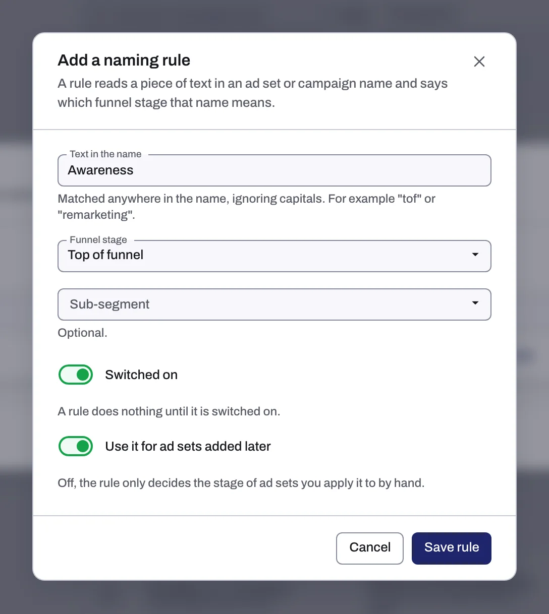 Adding a naming rule, with both switches on