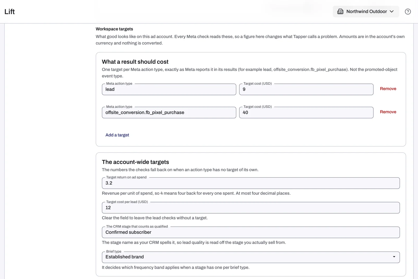 Workspace targets in Setup's Meta section