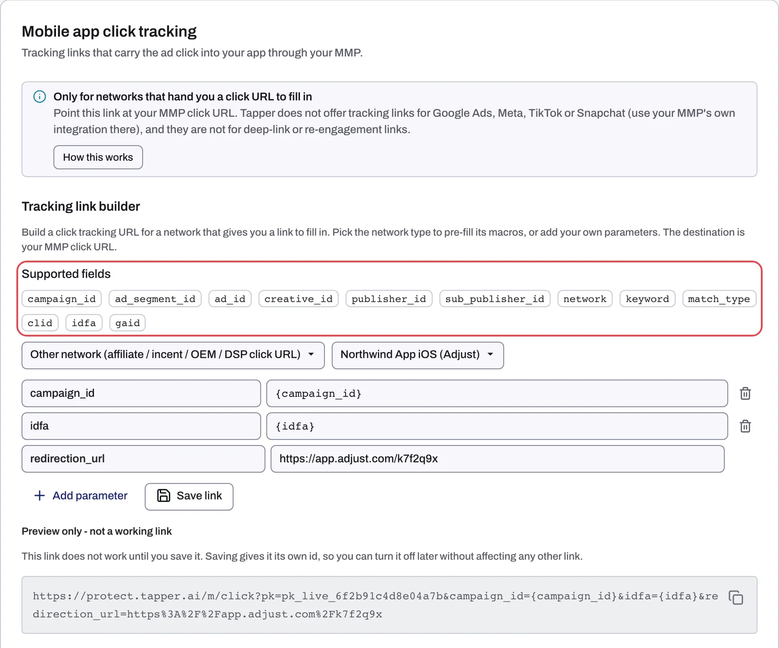 The Mobile app click tracking tab: the notice with its How this works button, the Tracking link builder with Supported fields, the network type and MMP integration, two parameter rows, the redirection_url row and the link preview