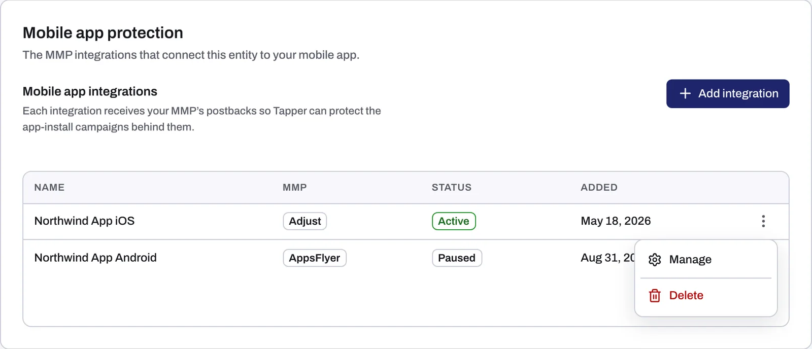 The Mobile app protection tab with the Mobile app integrations table and the row menu open on Manage and Delete