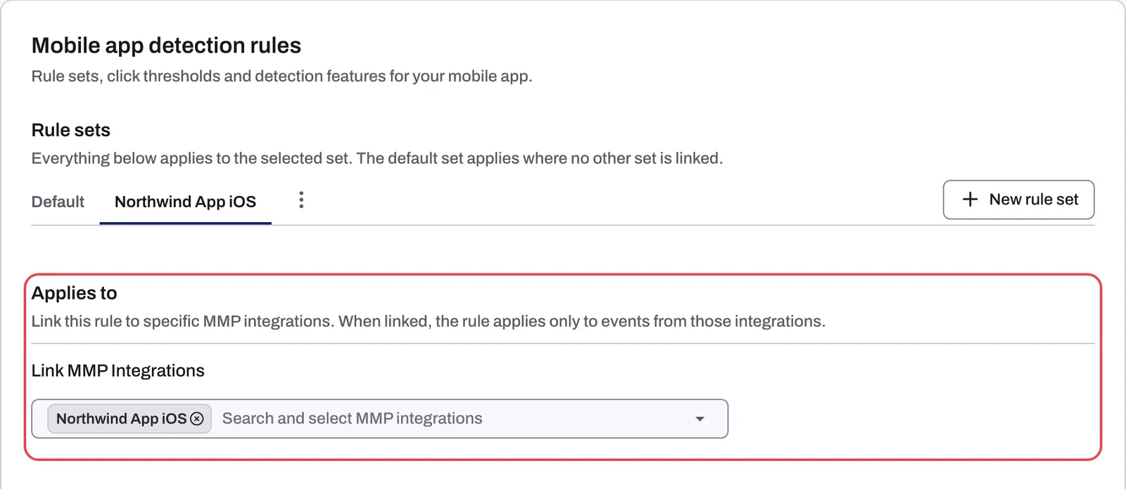 The Rule sets row with the default set and a custom set selected, and the Applies to section with Link MMP Integrations