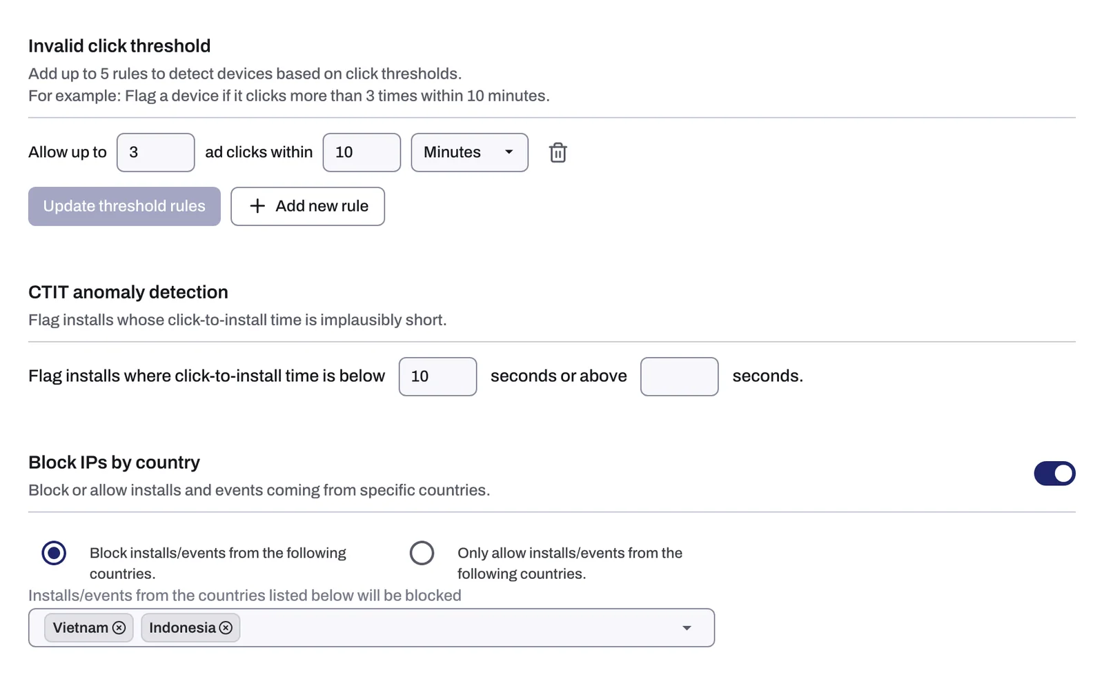 The Invalid click threshold, CTIT anomaly detection and Block IPs by country sections of the Mobile app detection rules tab