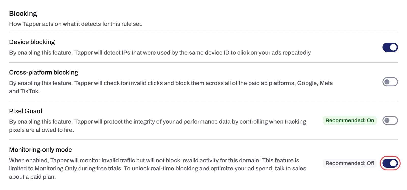 The Blocking section with the Monitoring-only mode switch