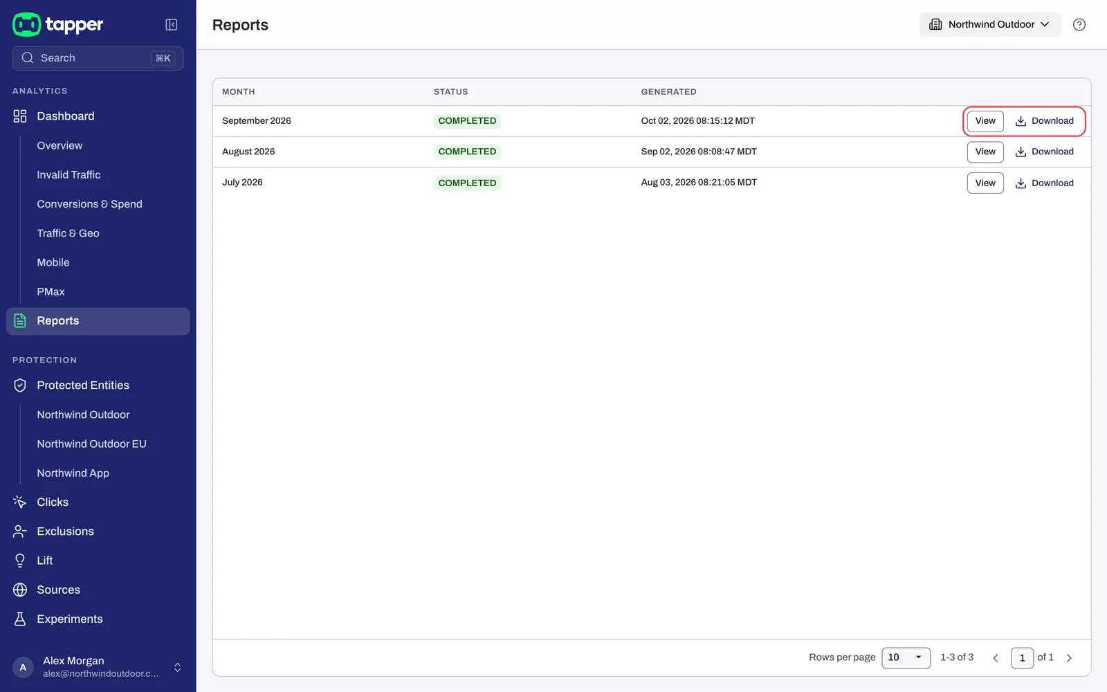 The Reports page with one row per month and the View and Download buttons