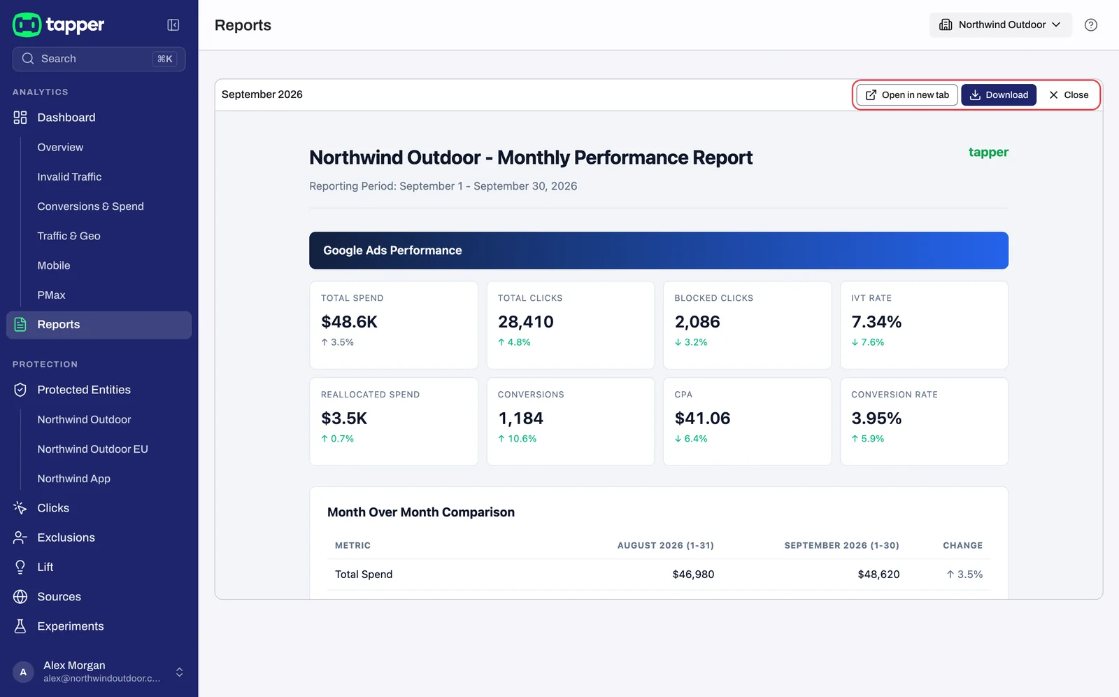 A report open in the viewer with the Open in new tab, Download and Close buttons