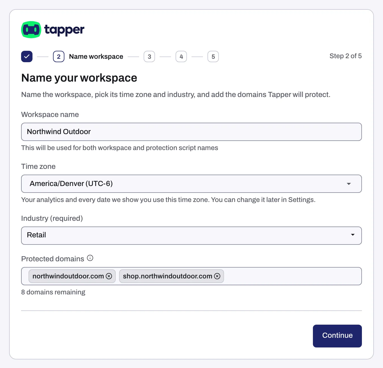 The Name your workspace step on a Block + Lift workspace