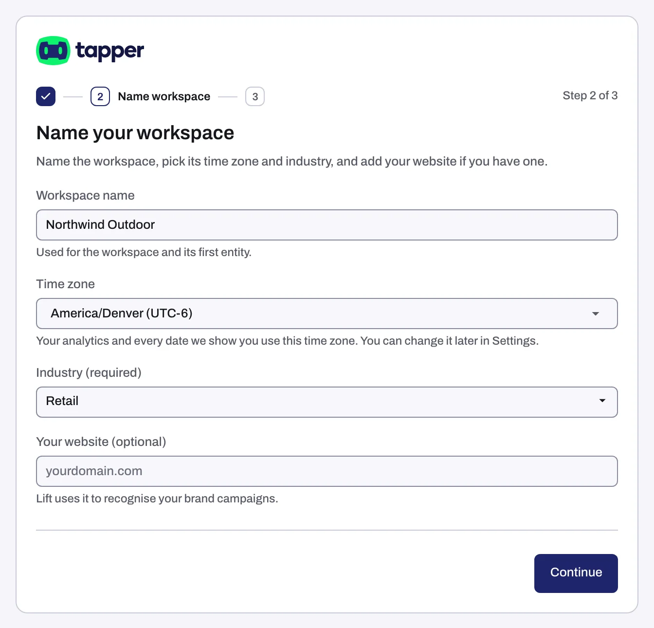 The same step on a Lift only workspace, with the Your website (optional) field