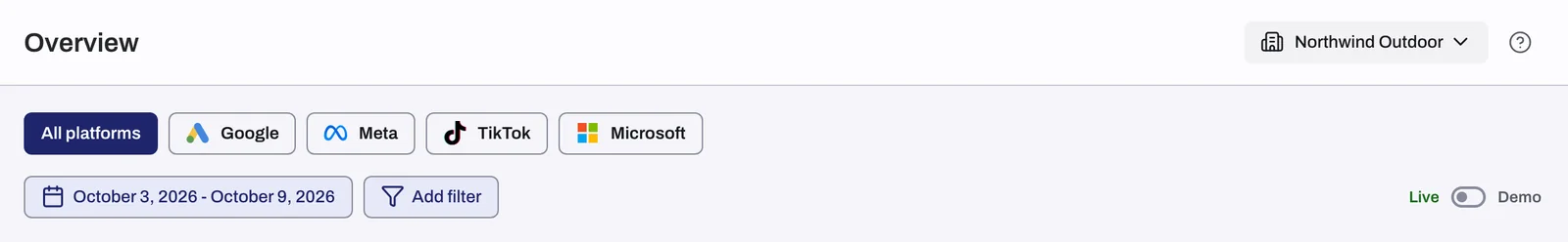 The dashboard header with the Live and Demo switch, the date button and the platform toggle