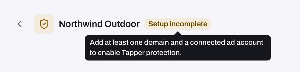 The Setup incomplete chip and its tooltip on the entity page