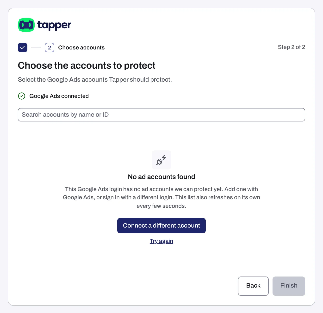 The No ad accounts found state with Connect a different account and Try again