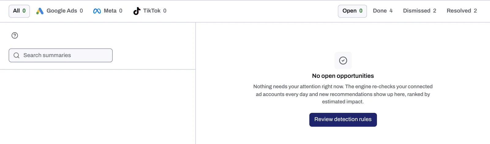 The Lift tab with no open card: the platform tabs at 0, the Open tab picked and No open opportunities beside the empty list