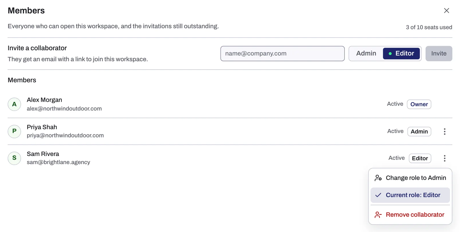 Settings, Members, with an Editor's row menu open, showing Change role to Admin