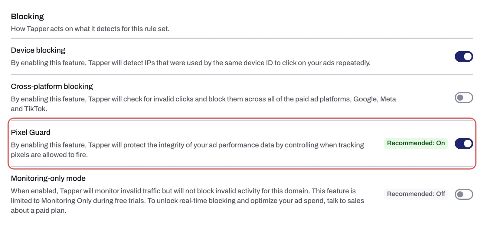 The Blocking section of the Web detection rules tab with the Pixel Guard row and its Recommended: On chip